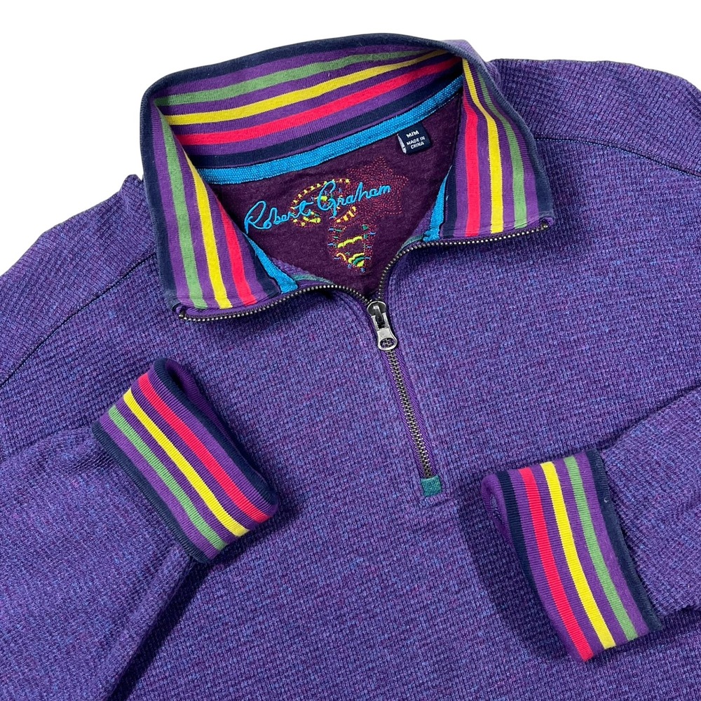 Robert Graham Mens Purple Waffle Knit Quarter Zip Pullover Striped Trim Size M